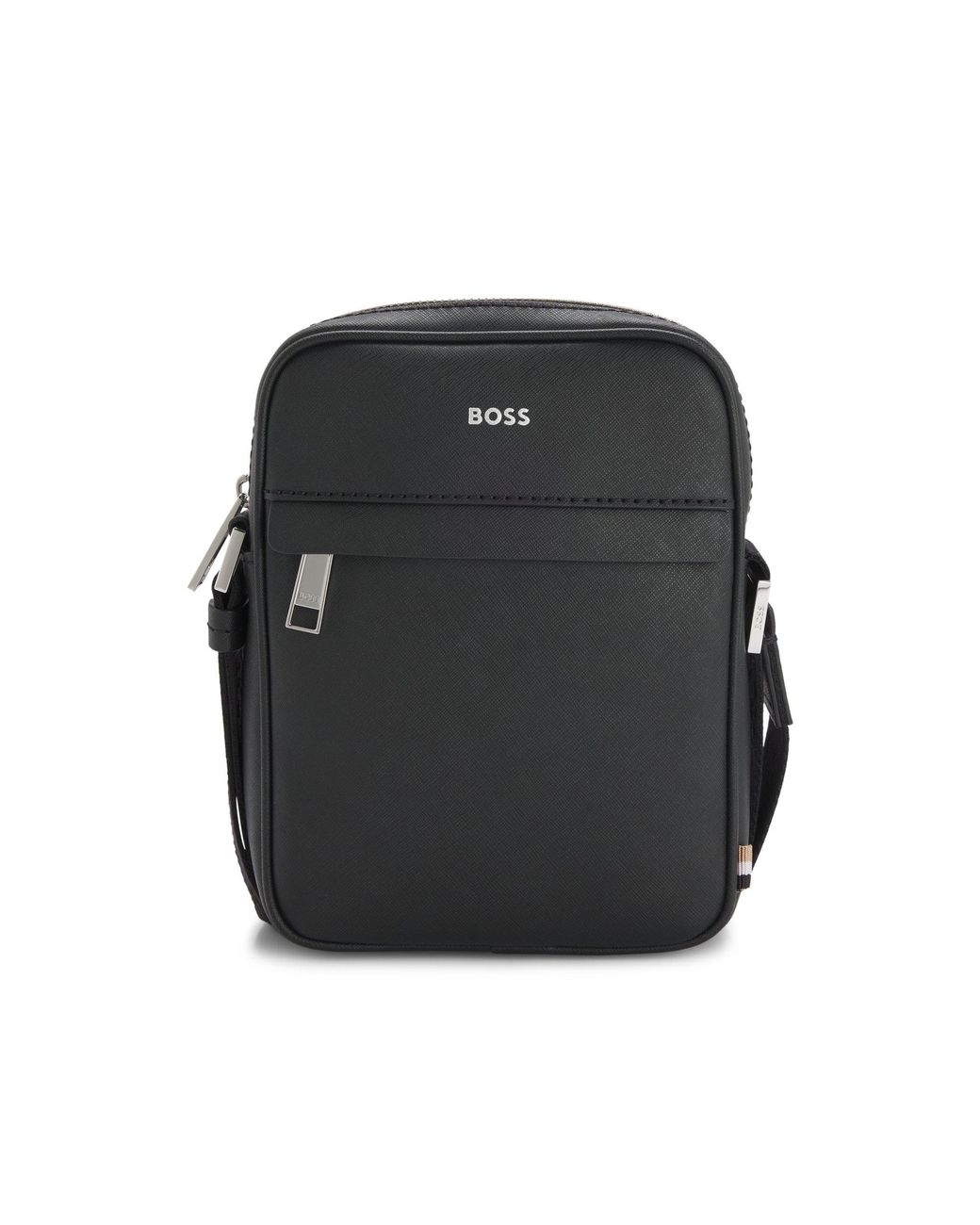 Boss Black Recycled-Leather Reporter Bag With Adjustable Logo Strap for men