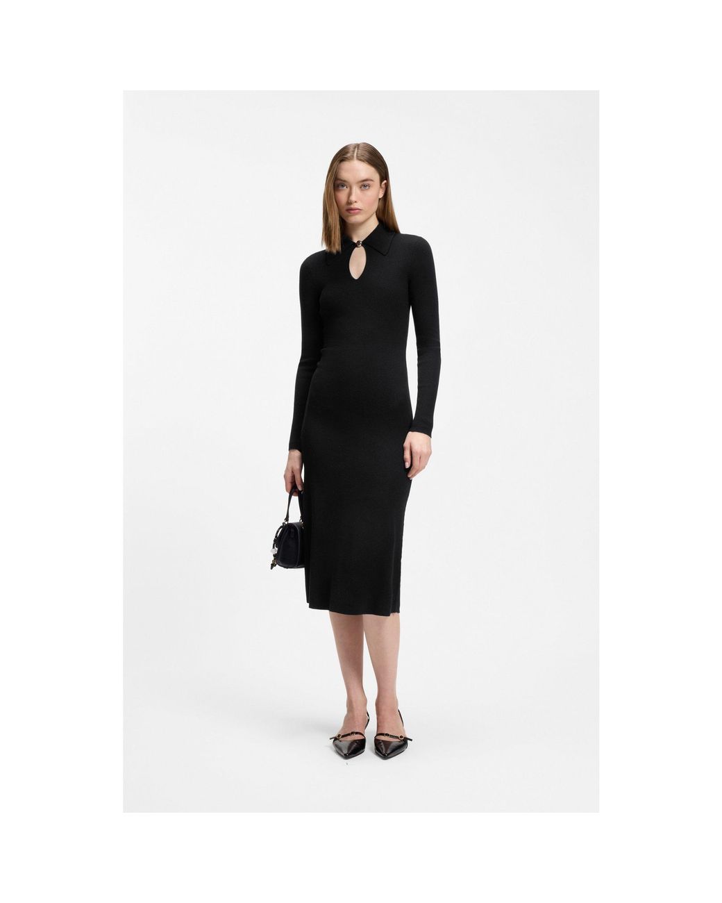 HUGO Black Slim-Fit Midi Dress With Keyhole Polo Collar
