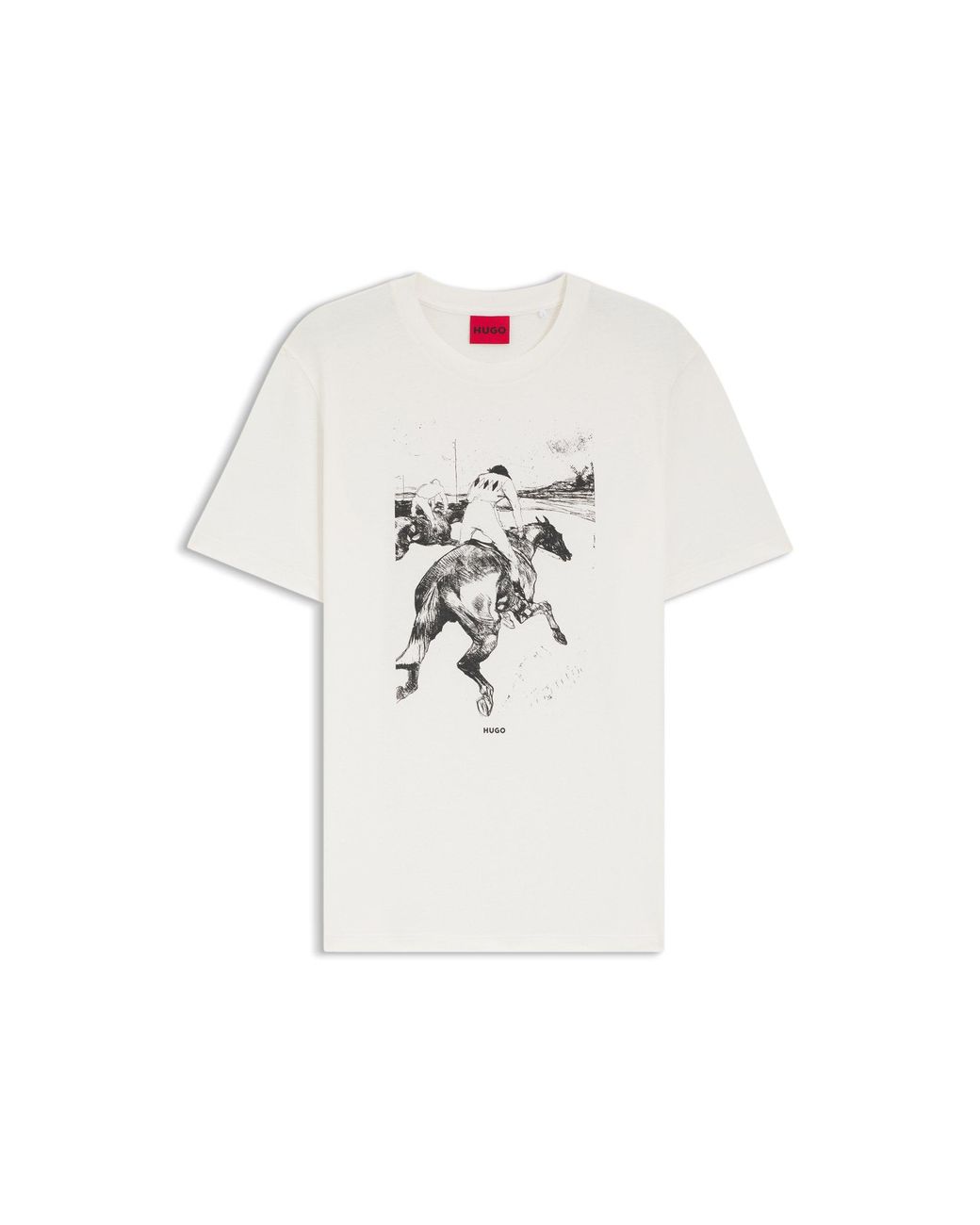 HUGO White Cotton-Jersey T-Shirt With Horse-Racing Artwork for men