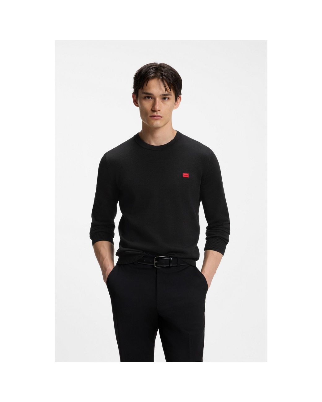HUGO Black Cotton Sweater With Logo Label for men