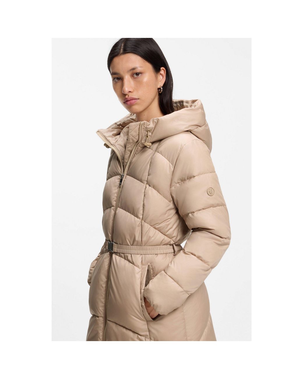 Boss Natural Knee-Length Hooded Jacket With Removable Belt