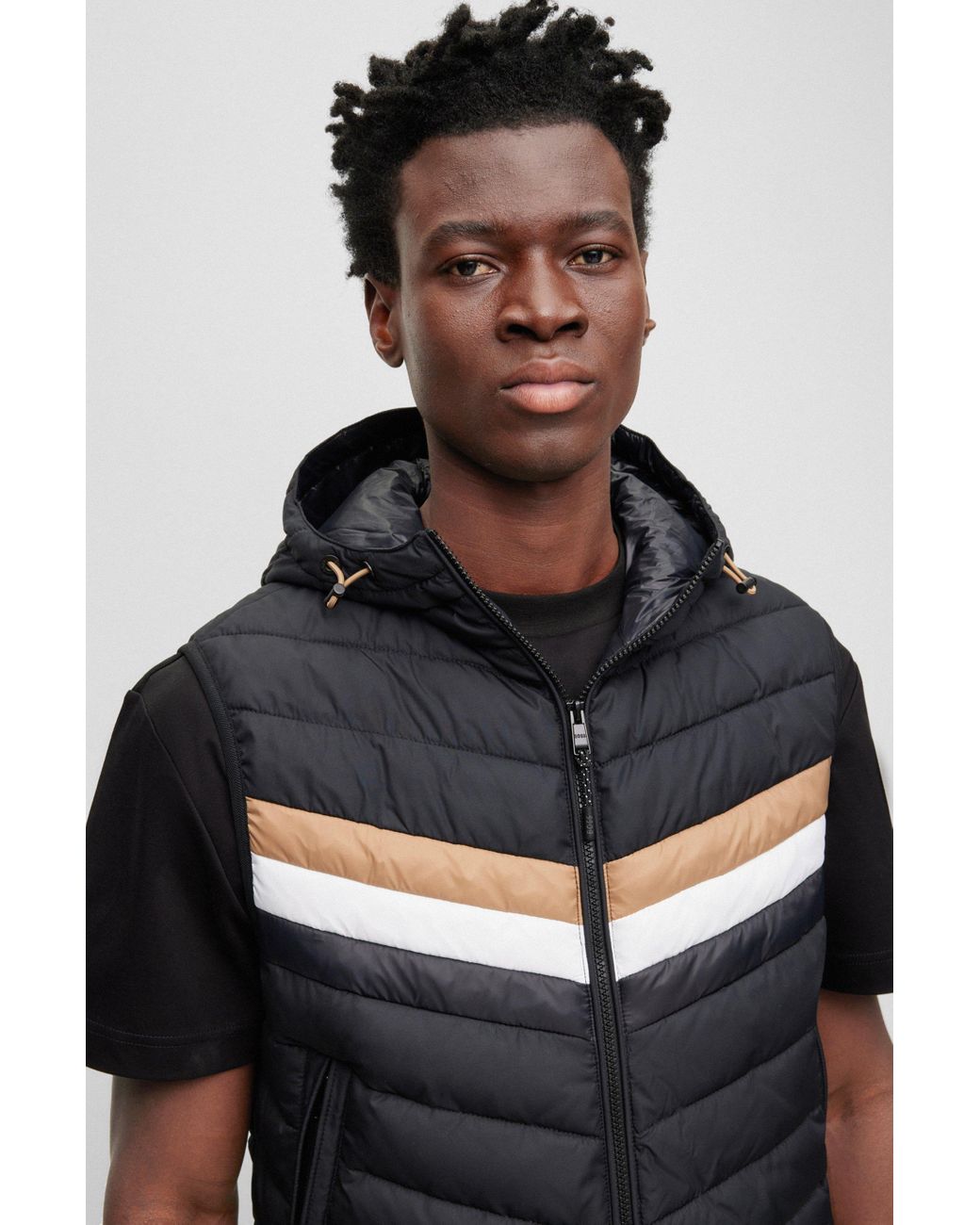 BOSS by HUGO BOSS Water-repellent Hooded Gilet With Signature Stripe in  Black for Men | Lyst