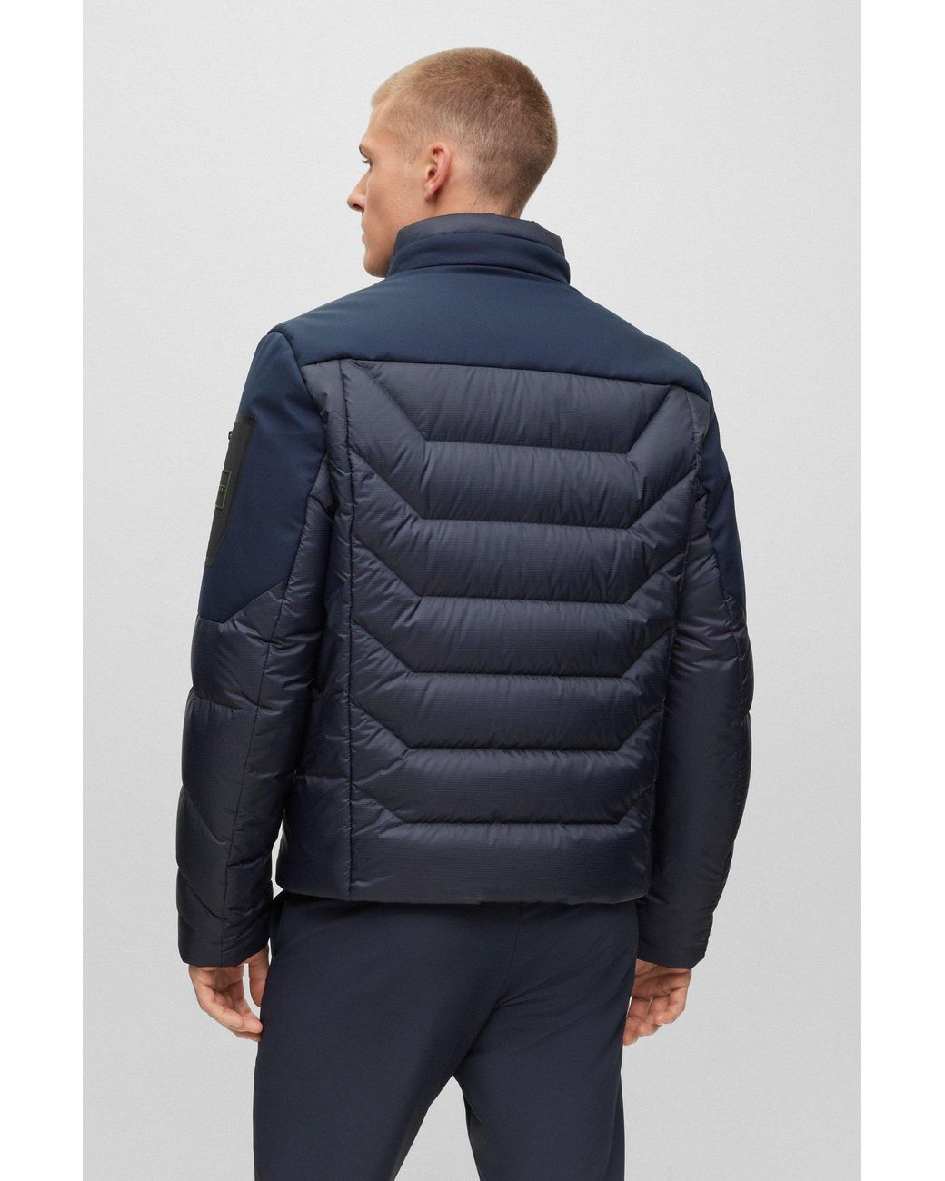 BOSS Mixed material Down Jacket With Branded Sleeve Pocket in Blue