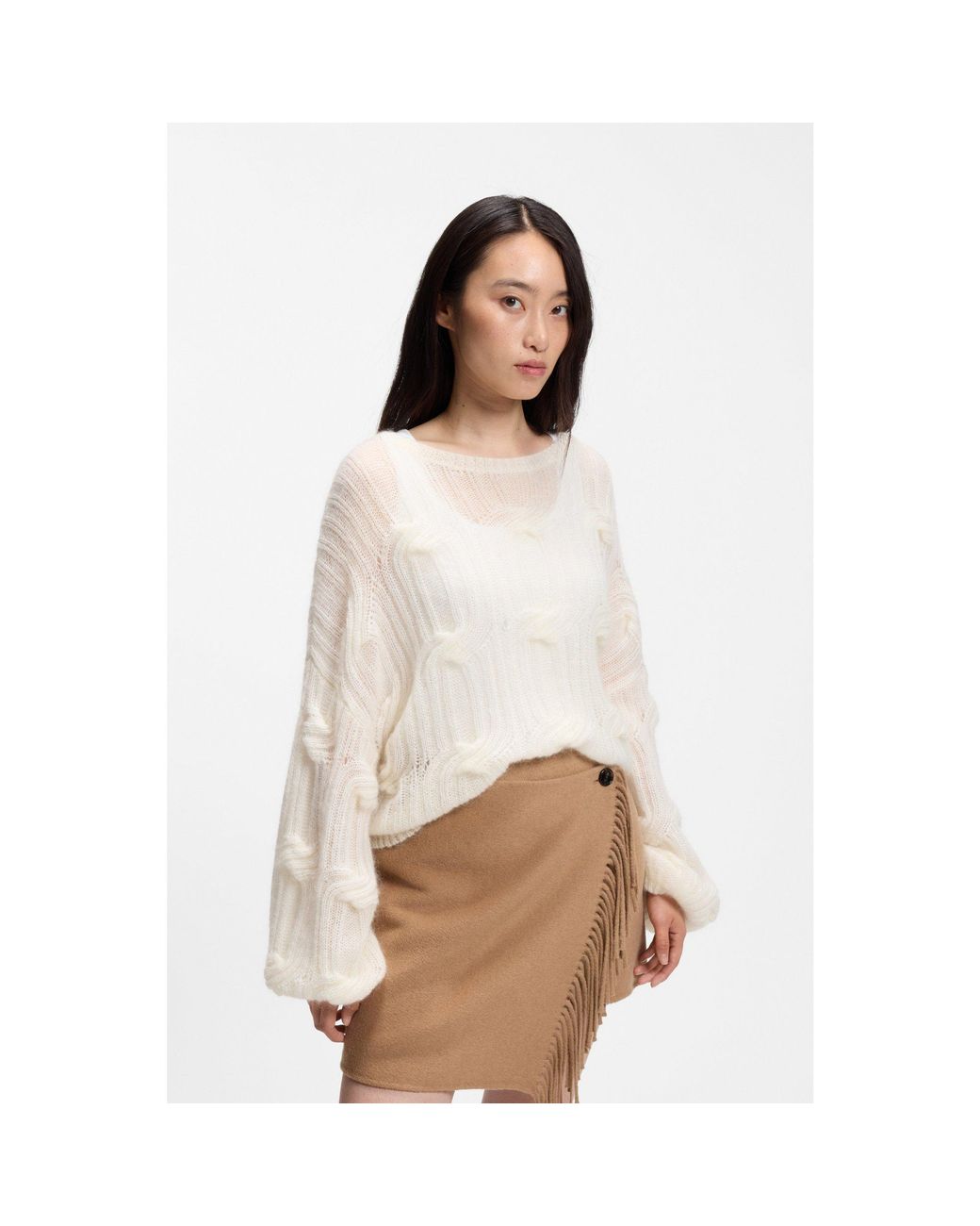 Boss White Oversized-Fit Sweater With Cable-Knit Structure
