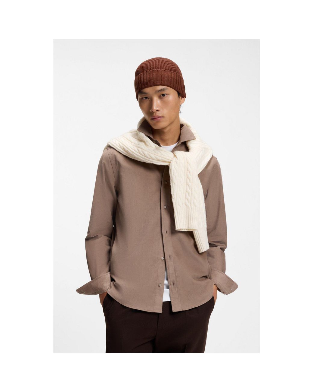 Boss Brown Rib-Knit Virgin-Wool Beanie With Logo Plaque for men