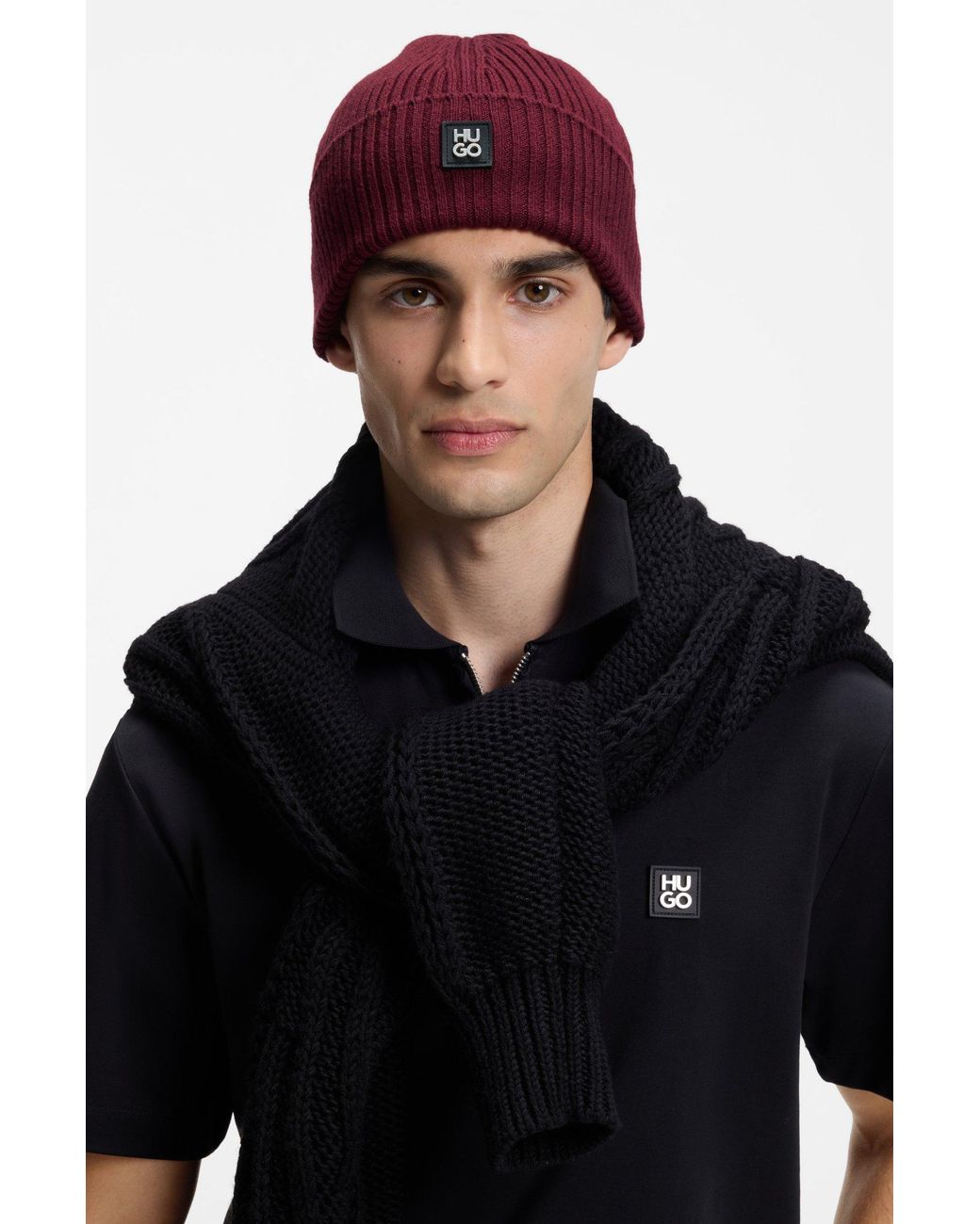 HUGO Mütze Aus Schurwolle Mit Stack-Logo in Red für Herren
