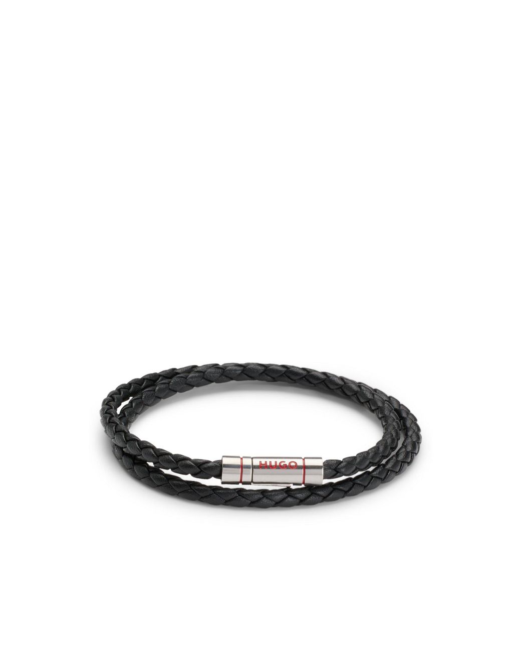 HUGO Black Double Braided-Leather Cuff With Logo Closure for men