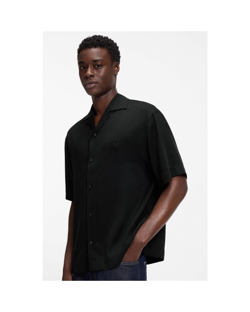 HUGO Black Oversized-Fit Shirt With Stacked-Logo Trim for men