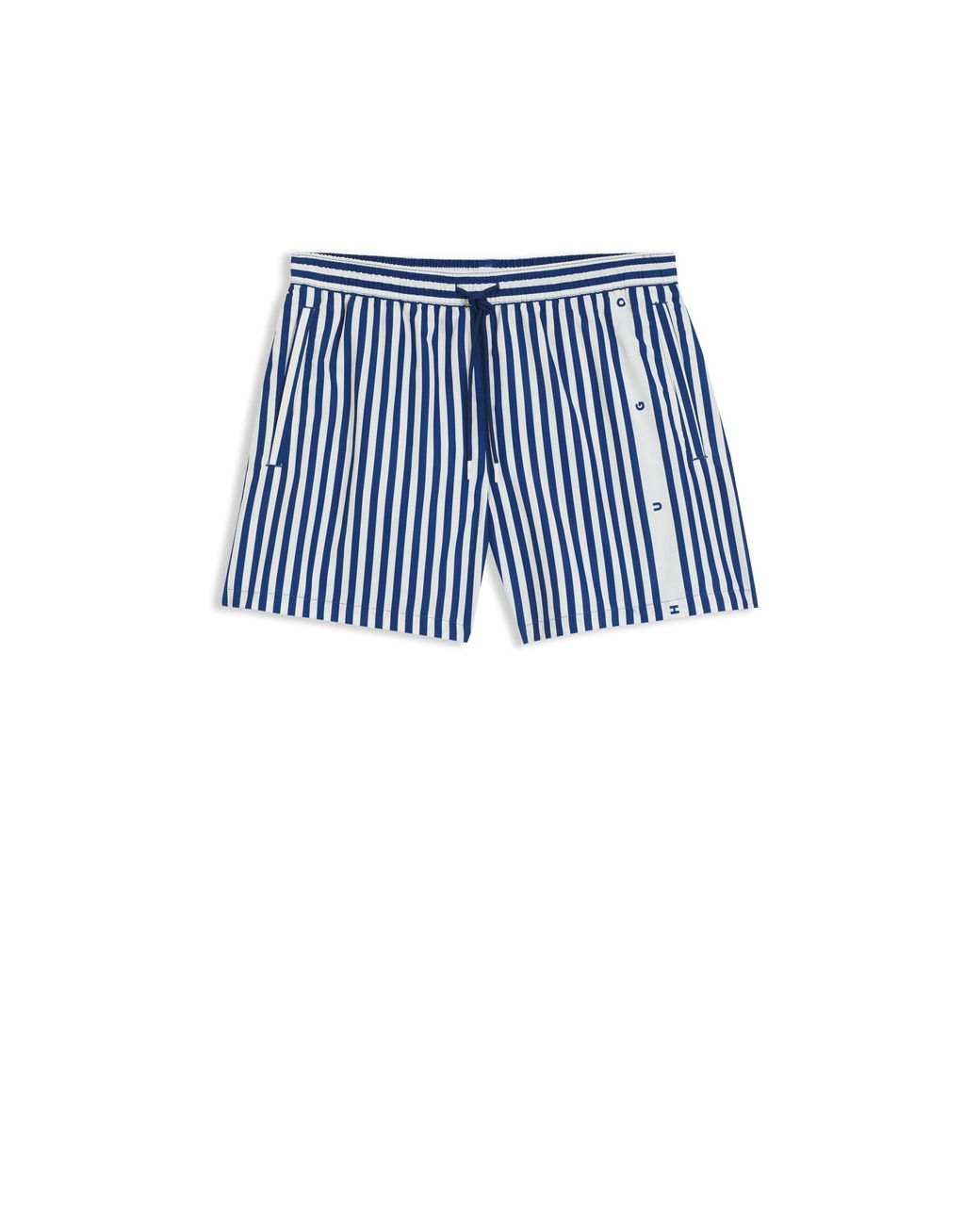 HUGO Blue Striped Swim Shorts With Vertical Logo for men