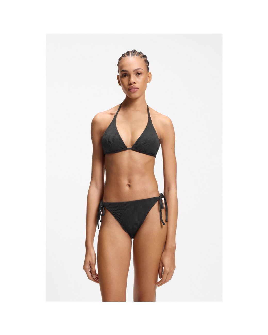 HUGO Black Tie-Side Bikini Bottoms With Structured Tropical Pattern