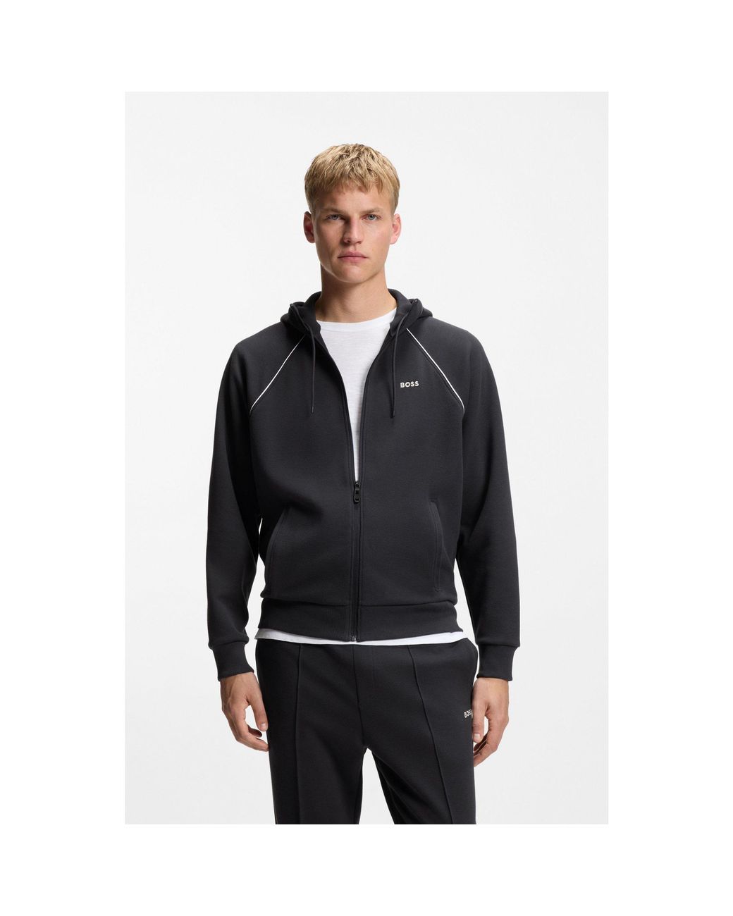 Boss Black Cotton-Blend Zip-Up Hoodie With Piping Details for men