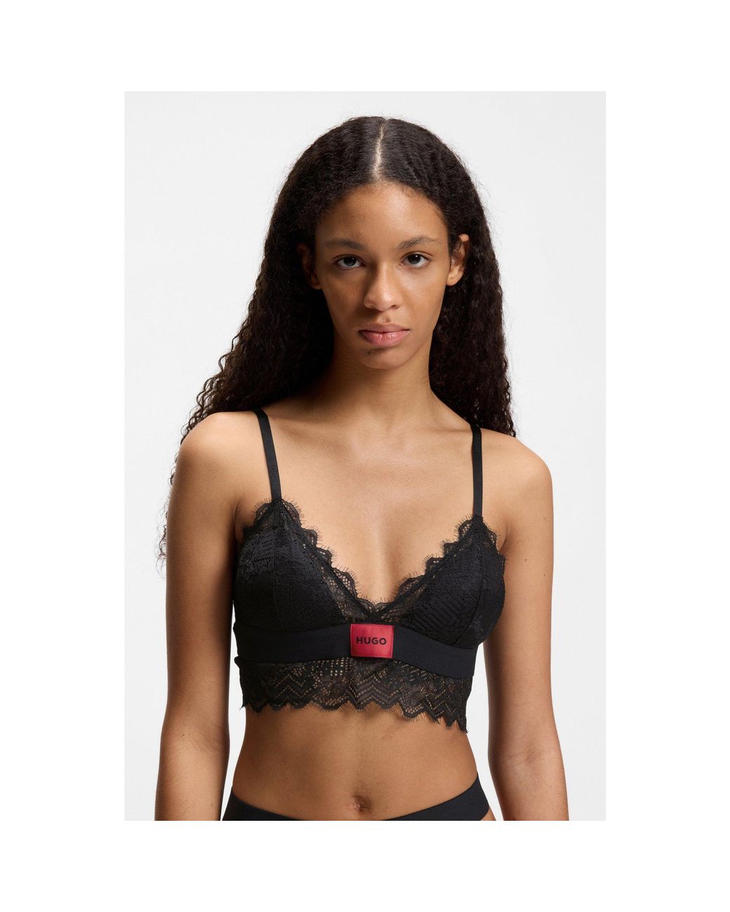 HUGO Black Lace-Trim Bra With Logo Label