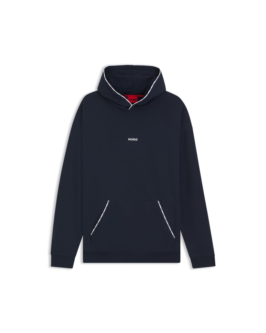 HUGO Blue Relaxed-Fit Hoodie With Branded Contrast Piping for men