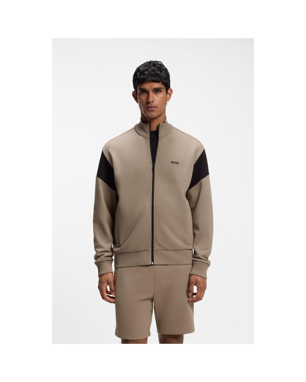 Boss Brown Zip-Up Cotton-Blend Sweatshirt With Contrast Inserts for men