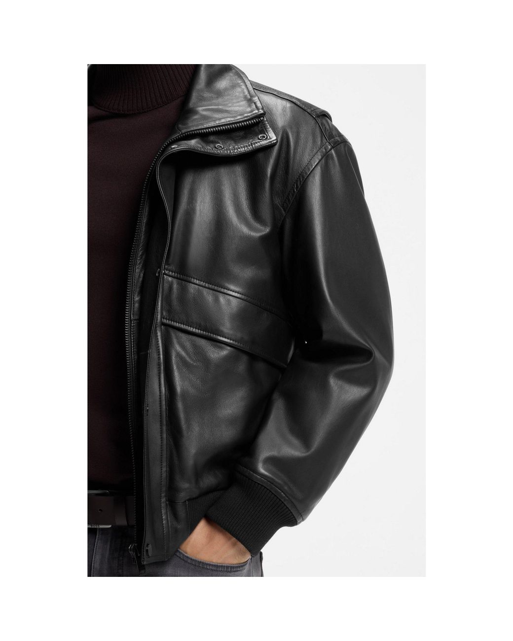 Boss Black Padded Leather Bomber Jacket With Flap Pockets for men
