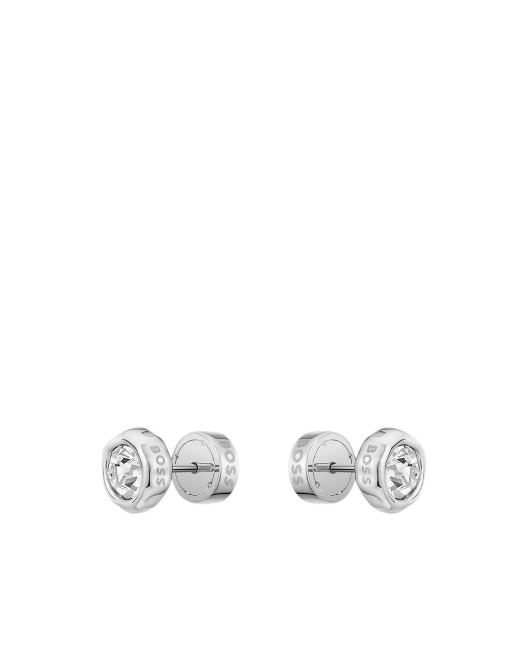 Boss White Tone Stud Earrings With Crystal Core