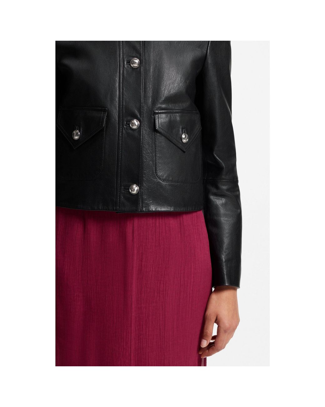 Boss Black Leather Jacket With Polished Logo Buttons