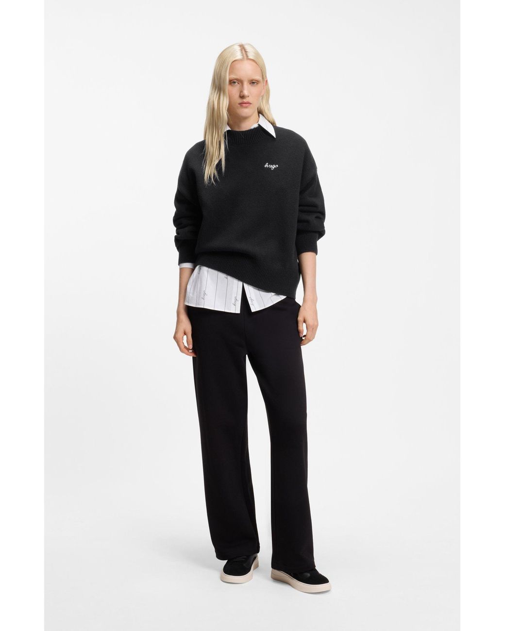 HUGO Black Oversized-Fit Strickpullover Mit Script-Logo