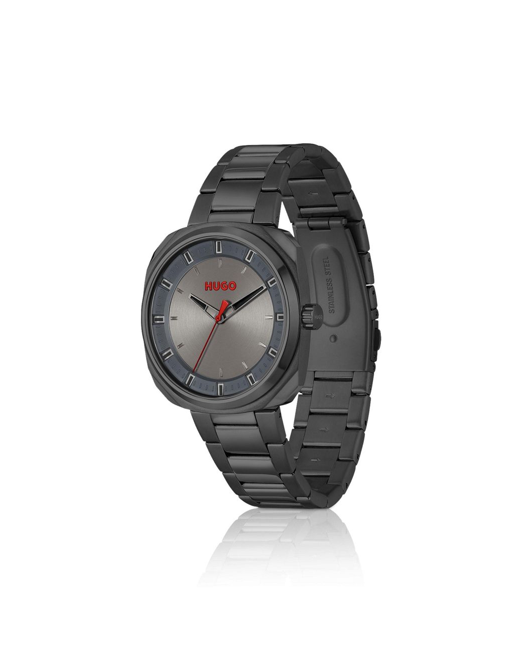 HUGO Gray Plated Watch With Link Bracelet for men