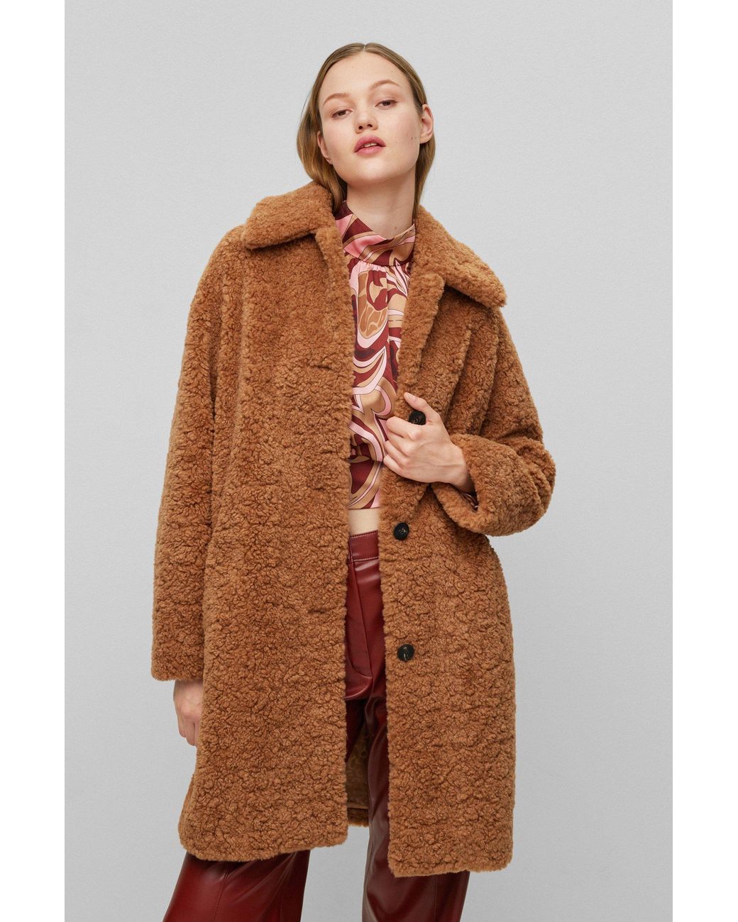 BOSS Regular fit Teddy Coat With Logo Lining in Brown Lyst UK