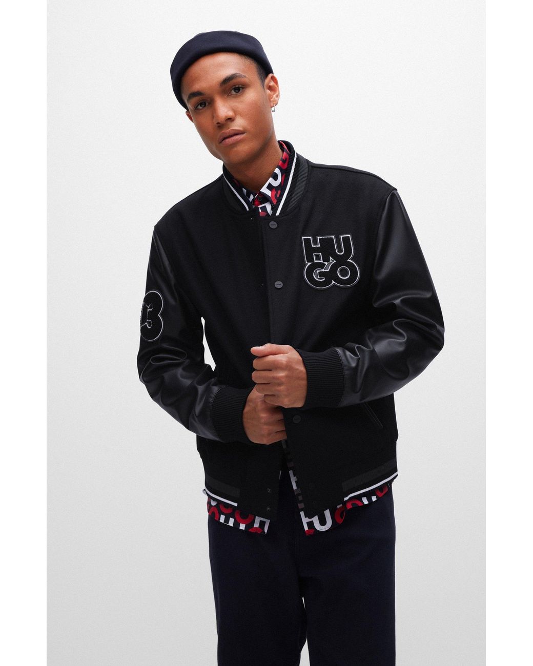 HUGO Wool-blend Varsity Jacket With Faux-leather Sleeves in Black for Men |  Lyst UK