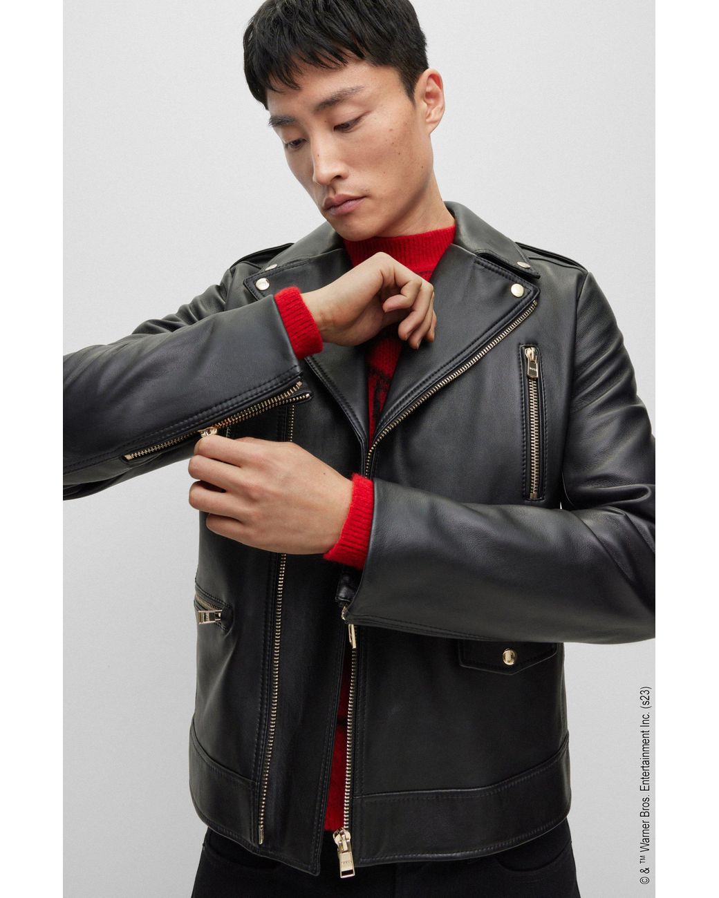 BOSS Looney Tunes X Asymmetric Leather Jacket With Monogram