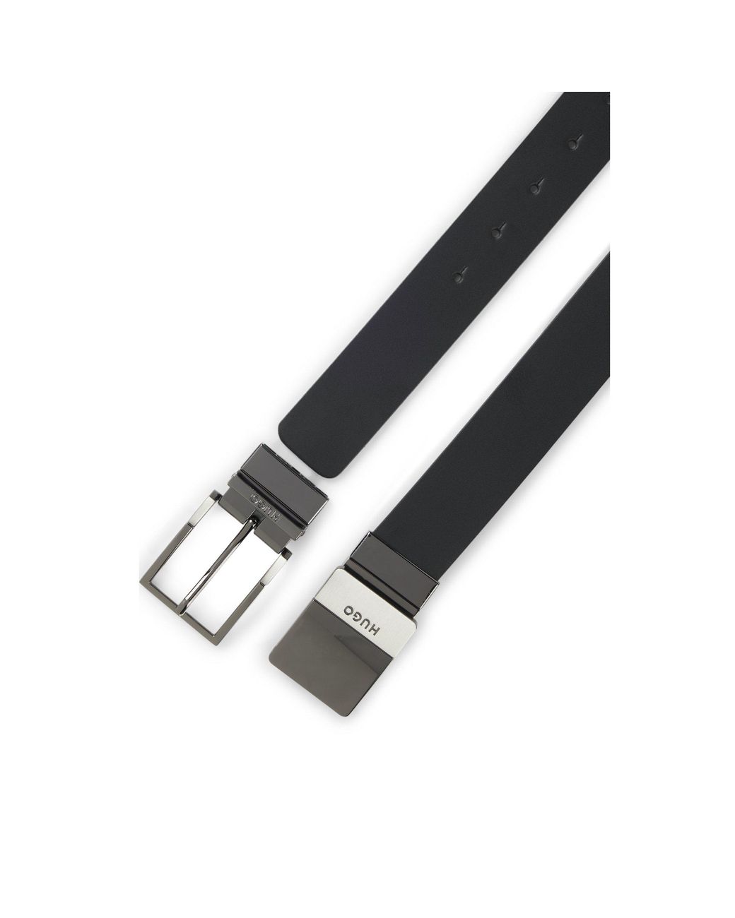 HUGO Gray Reversible Italian-Leather Belt With Two Buckles for men