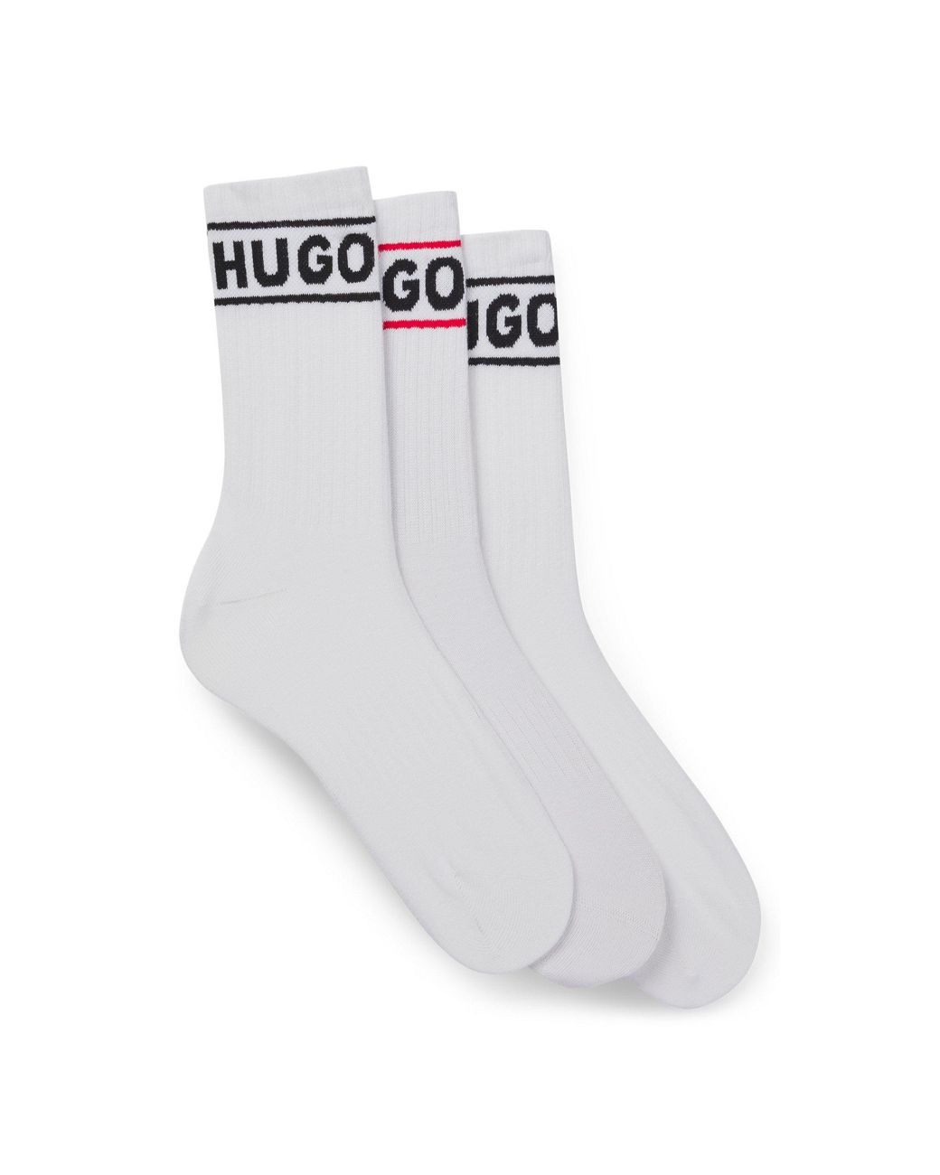 HUGO White 3 Pack Ribbed Sporty Socks