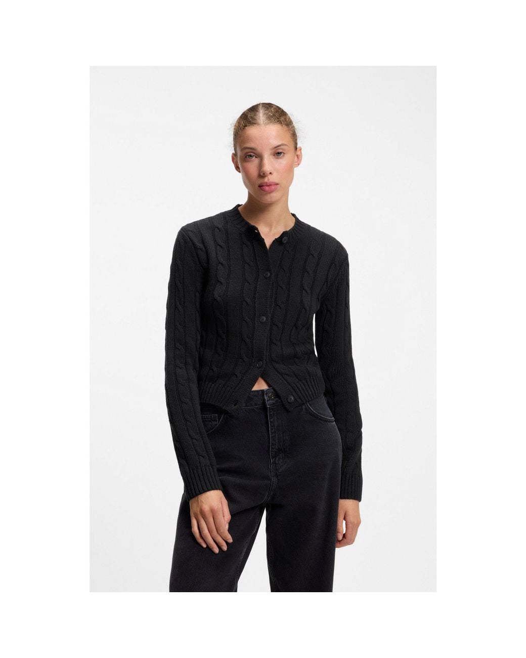 HUGO Black Cable-Knit Cardigan With Buttoned Closure