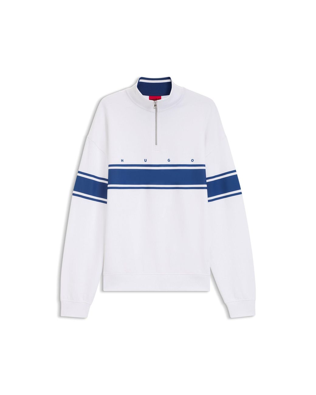 HUGO Blue Zip-Neck Cotton Sweatshirt With Printed Stripes for men