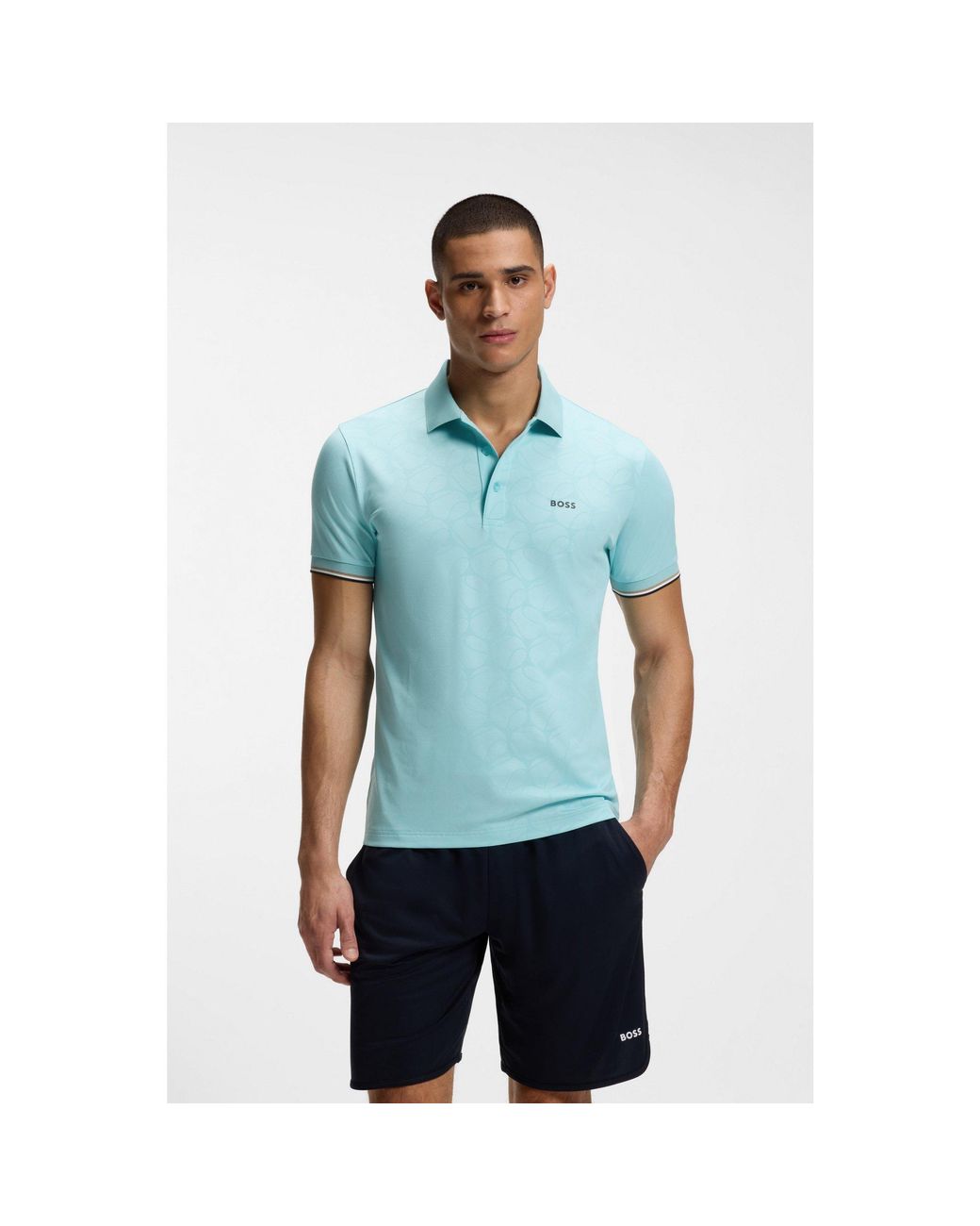 Boss Blue Active Slim-Fit Polo Shirt With Emed Tennis-Ball Pattern for men