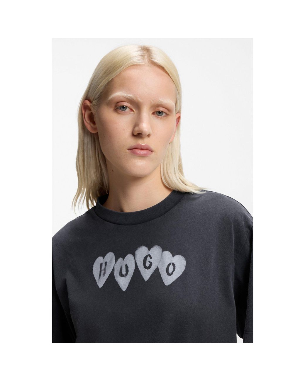 HUGO Black Cotton-Jersey T-Shirt With Heart Logo