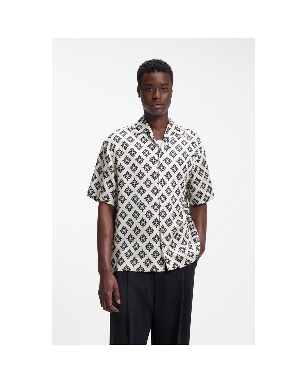HUGO Black Oversized-Fit Shirt With Statement Print for men