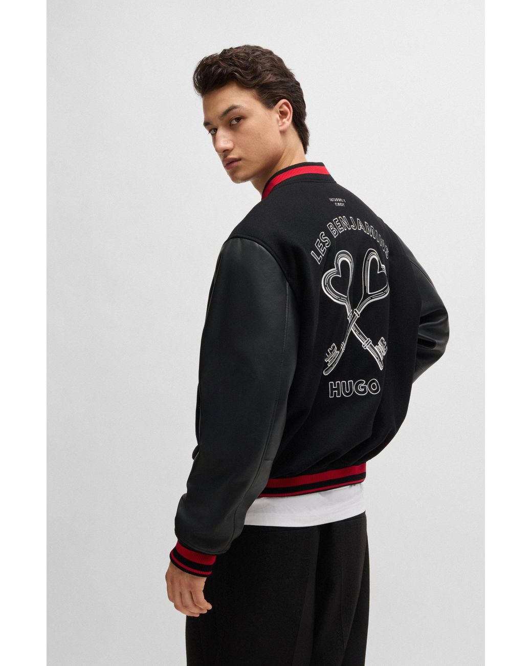 LES BENJAMINS ボンバージャケット HUGO X Les Benjamins Bomber Jacket With Special Graphics in Black