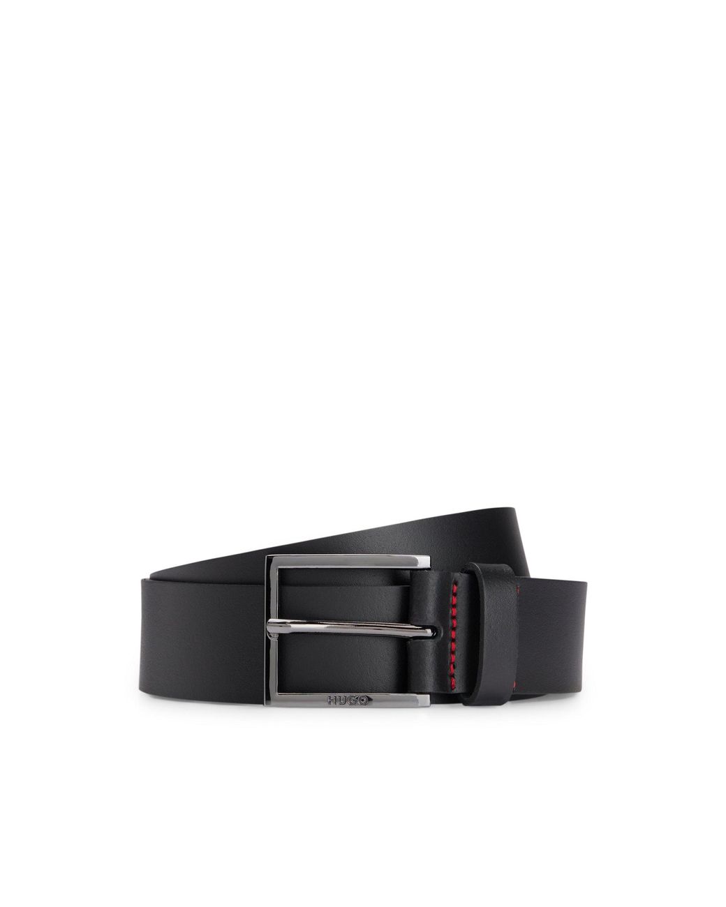 HUGO Black Leather Belt With Stitching And Branded Buckle for men