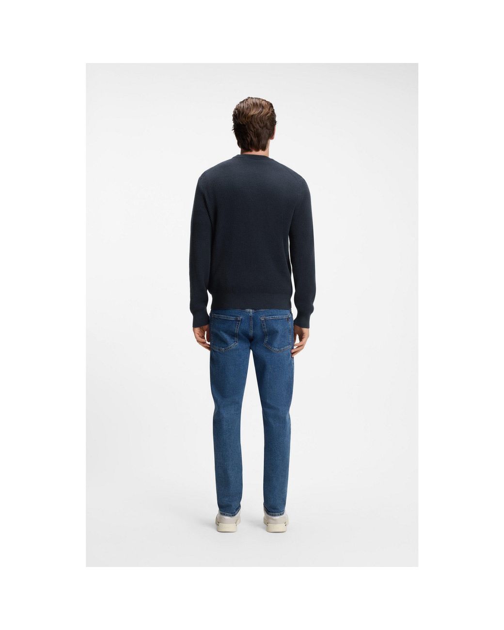 Boss Blue Cotton-Blend Sweater With Ribbed Knit for men