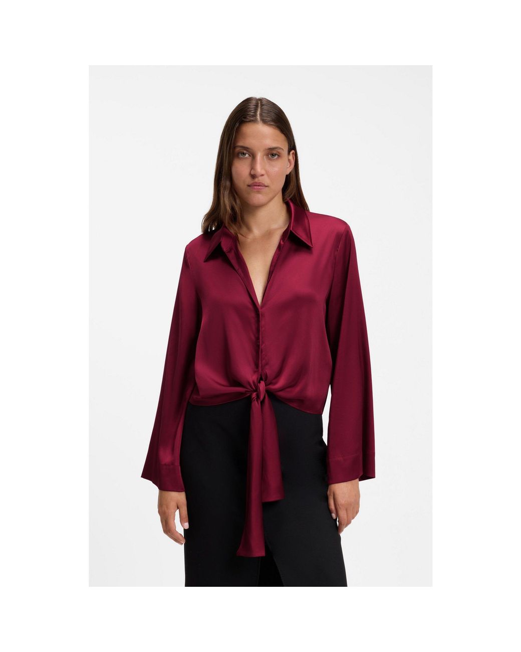 HUGO Red Tie-Front Satin Blouse