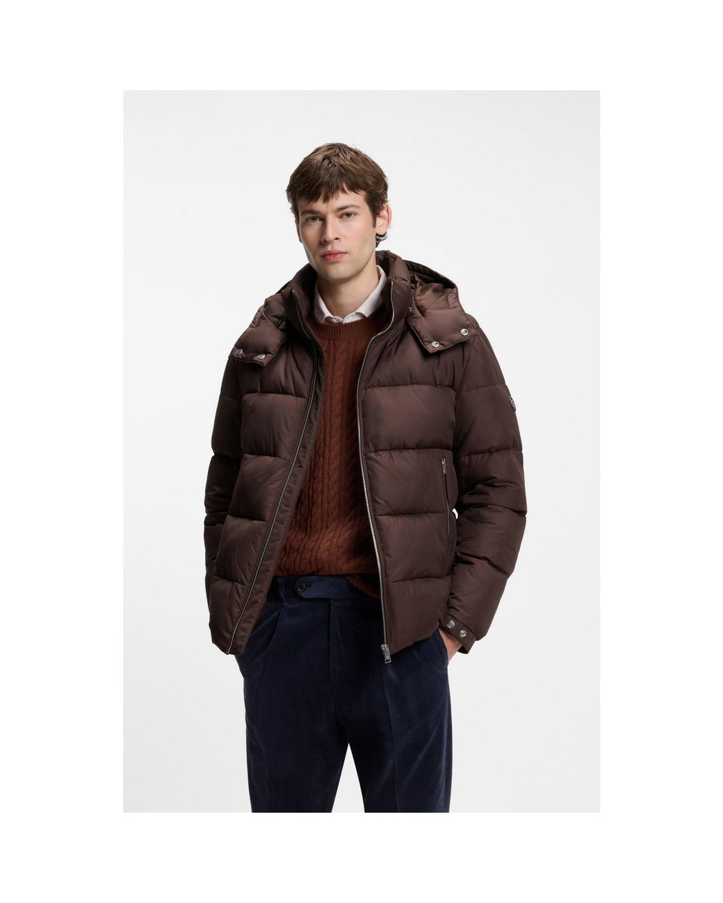 Boss Brown Water-Repellent Puffer Jacket With Adjustable Hood for men