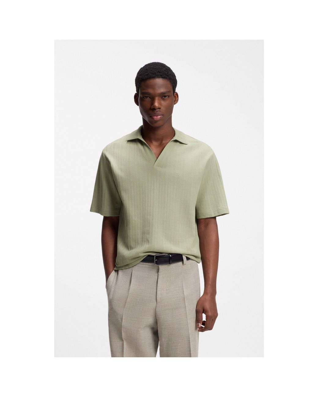 HUGO Green Johnny-Collar Polo Shirt With Jacquard Stripe for men