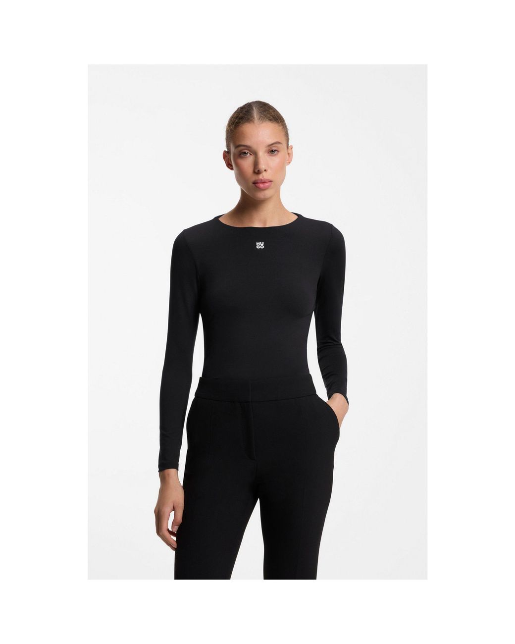 HUGO Black Stretch-Jersey Top With Stacked-Logo Print