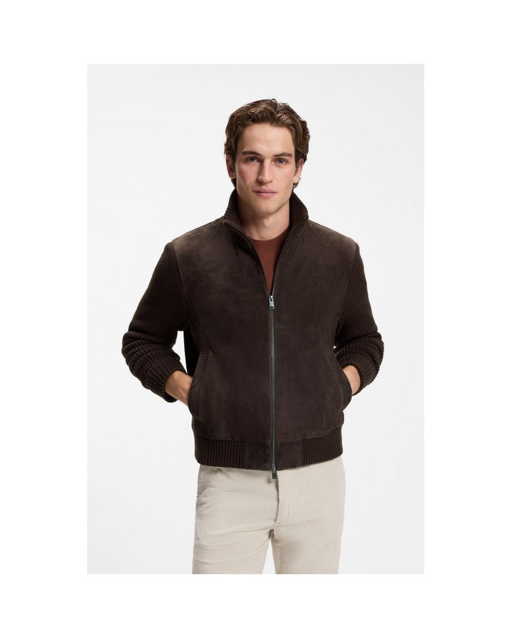 Boss Black Suede Jacket With Knitted Sleeves for men