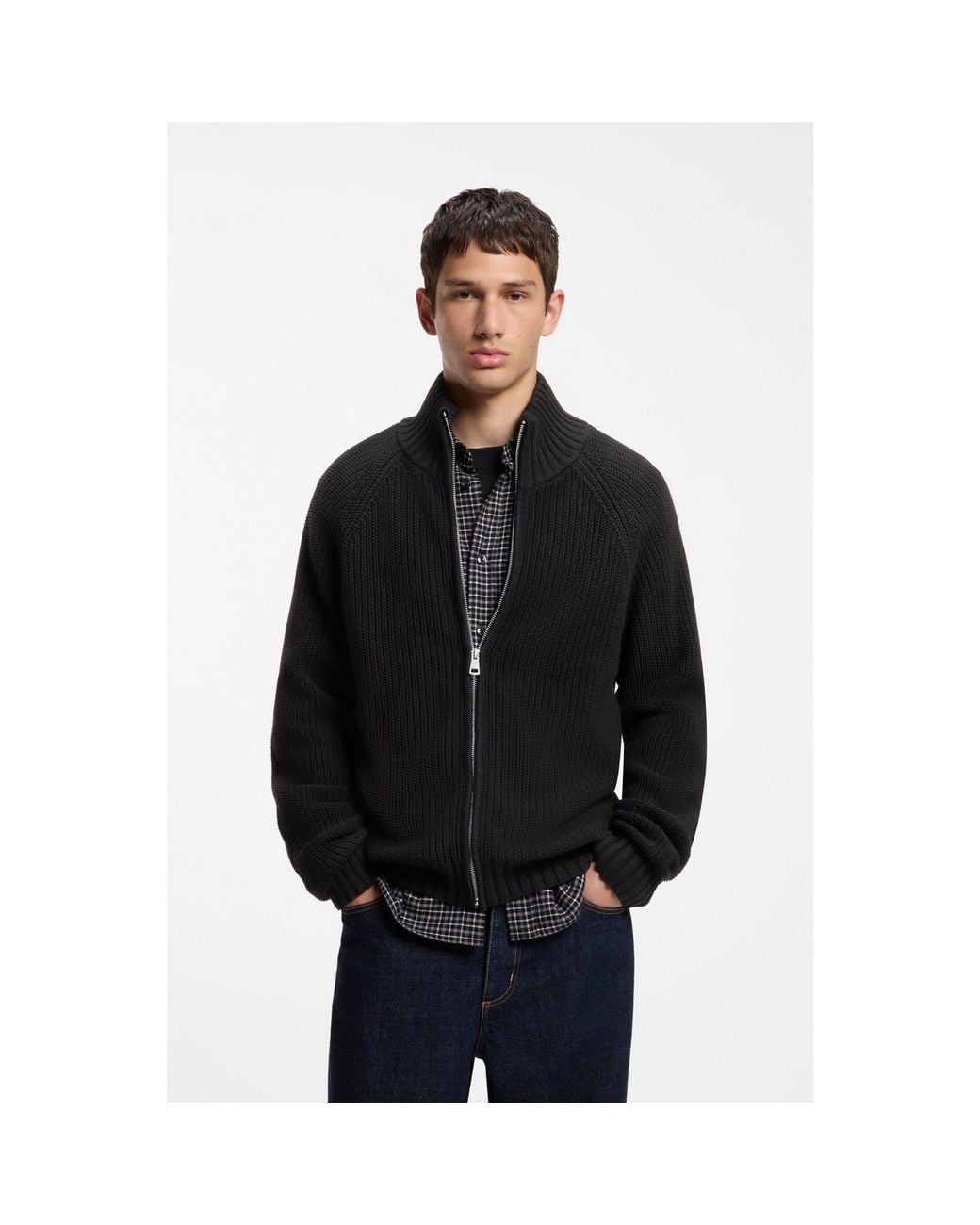 HUGO Black Zip-Up Relaxed-Fit Sweater for men