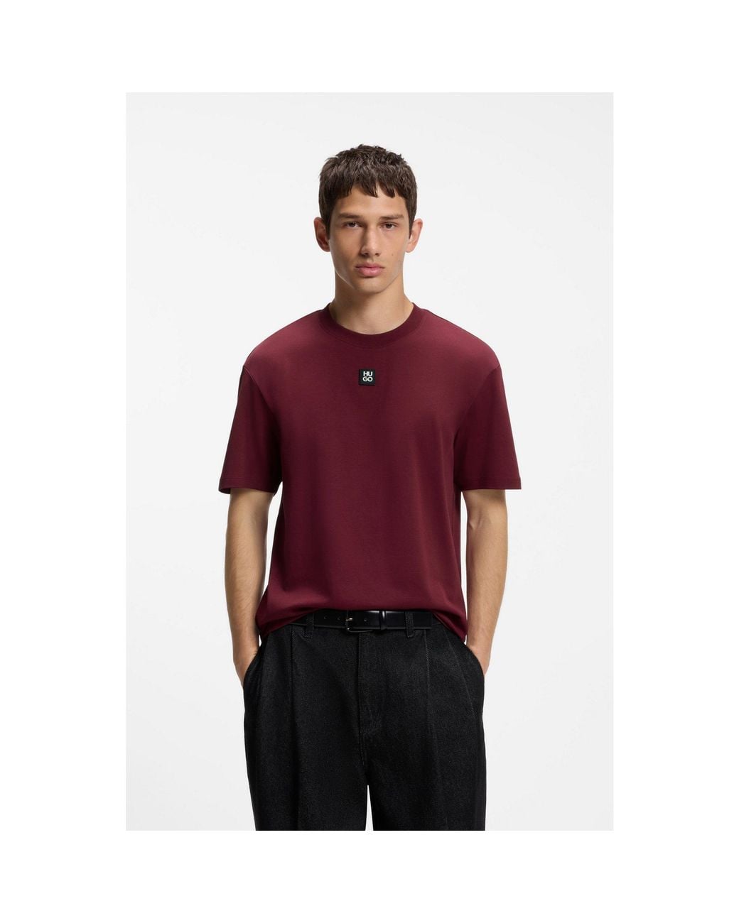 HUGO Red Interlock-Cotton T-Shirt With Metallic Stacked-Logo Badge for men
