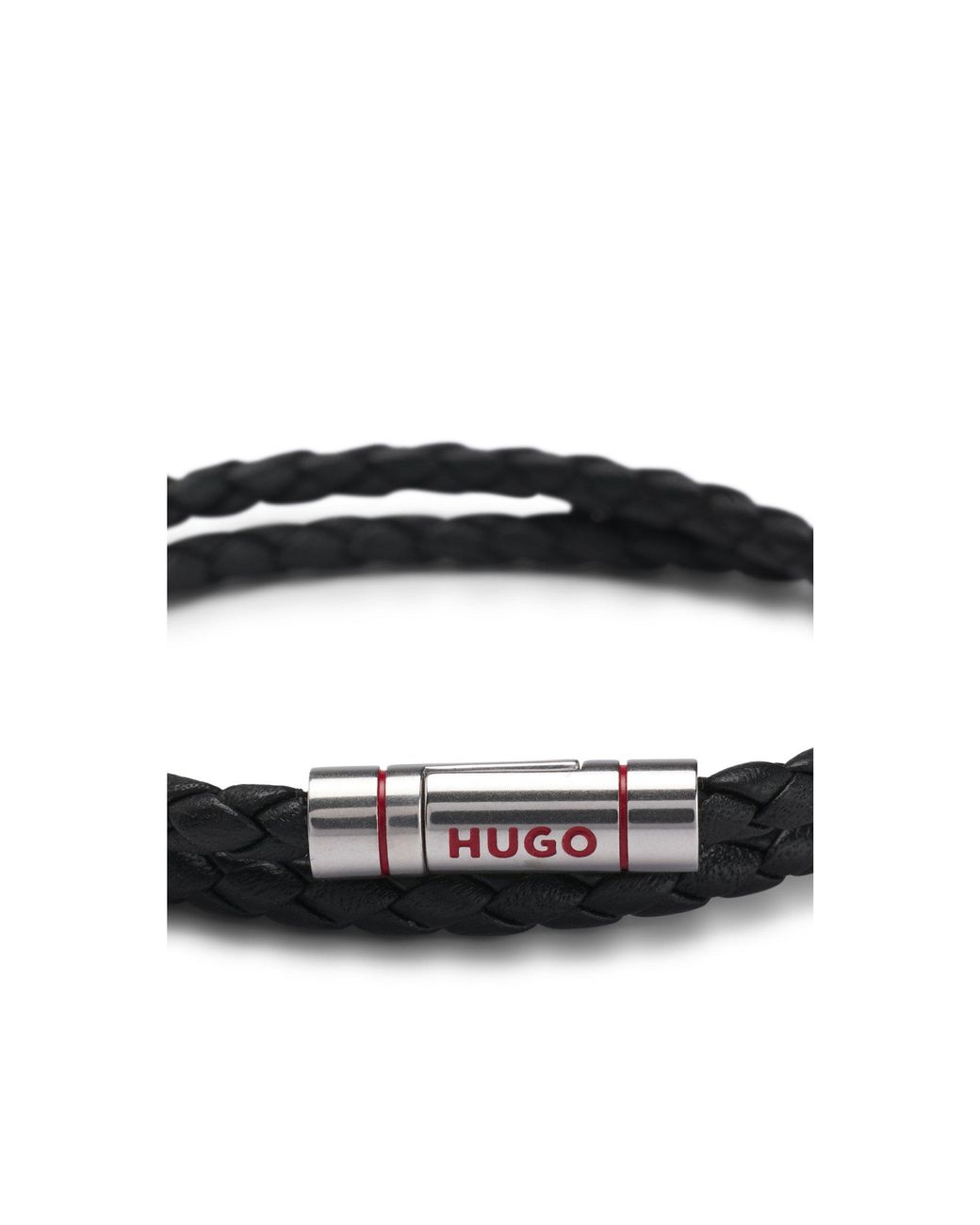 HUGO Black Double Braided-Leather Cuff With Logo Closure for men