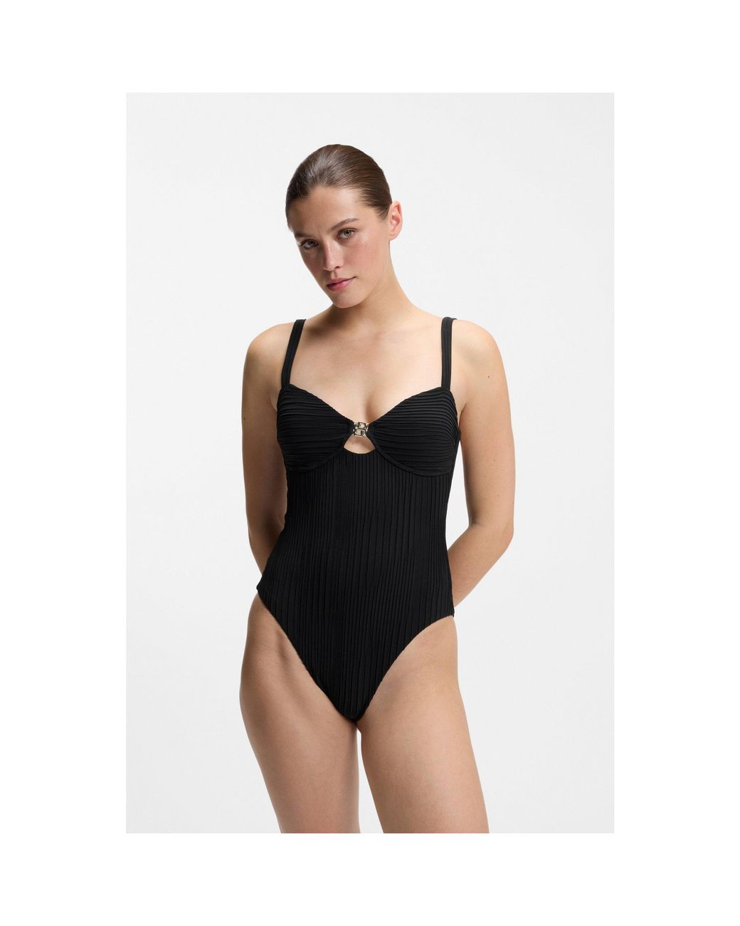 Boss Black Pleated-Fabric Swimsuit With Metallic Double B Monogram