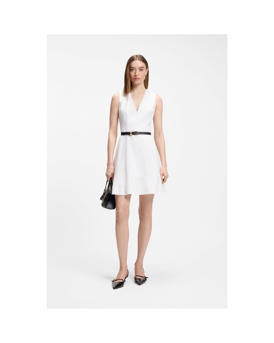 HUGO White V-Neck Dress With Seaming Details