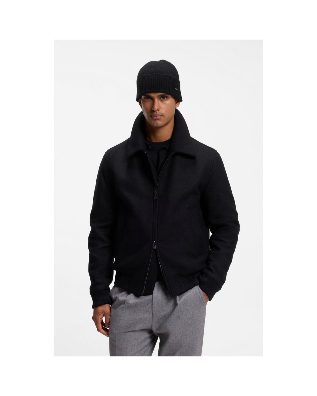 Boss Black Knitted Cashmere Beanie With Metal Logo Plaque for men