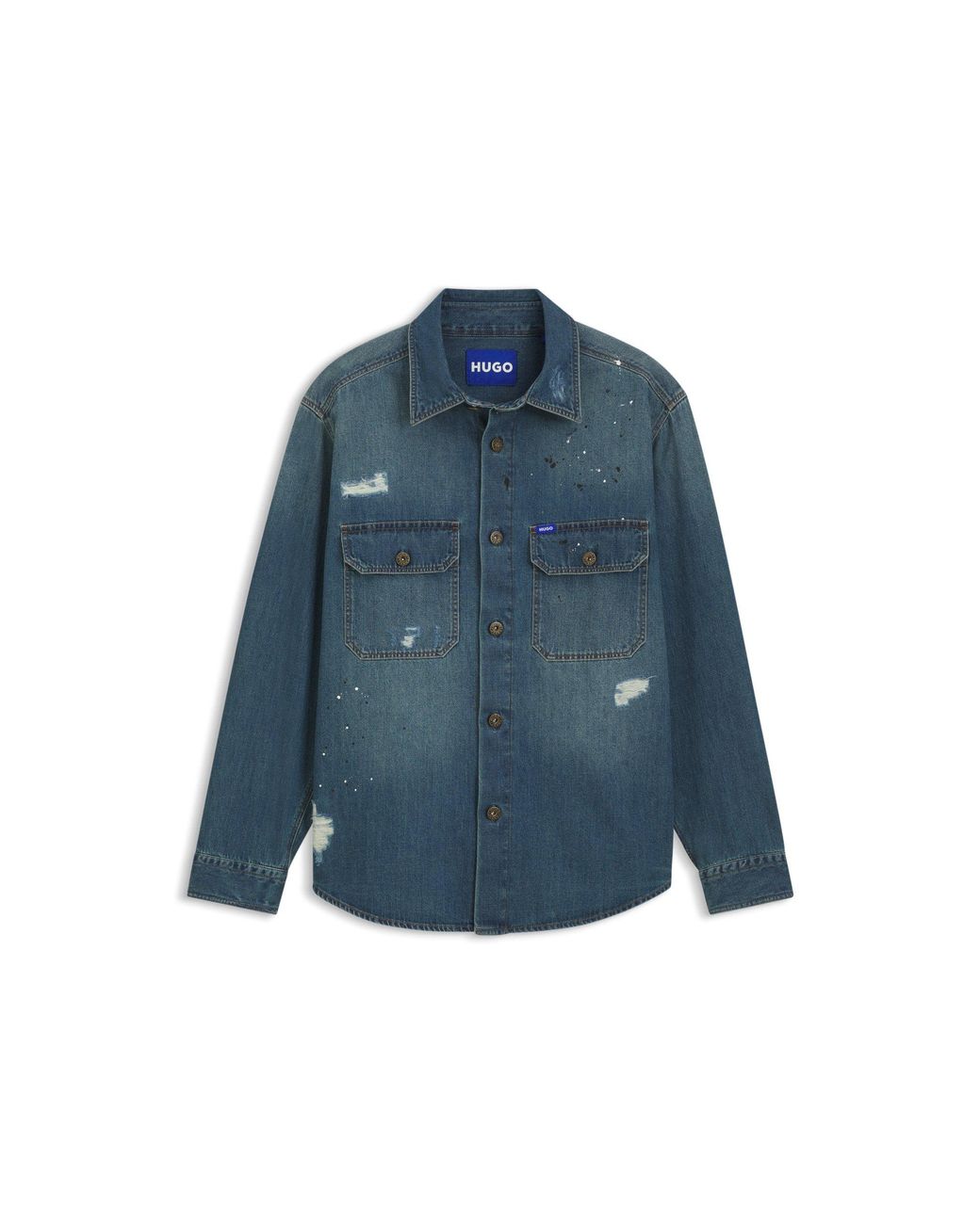 HUGO Blue Oversize-Fit Denim Overshirt With Paint Splashes for men