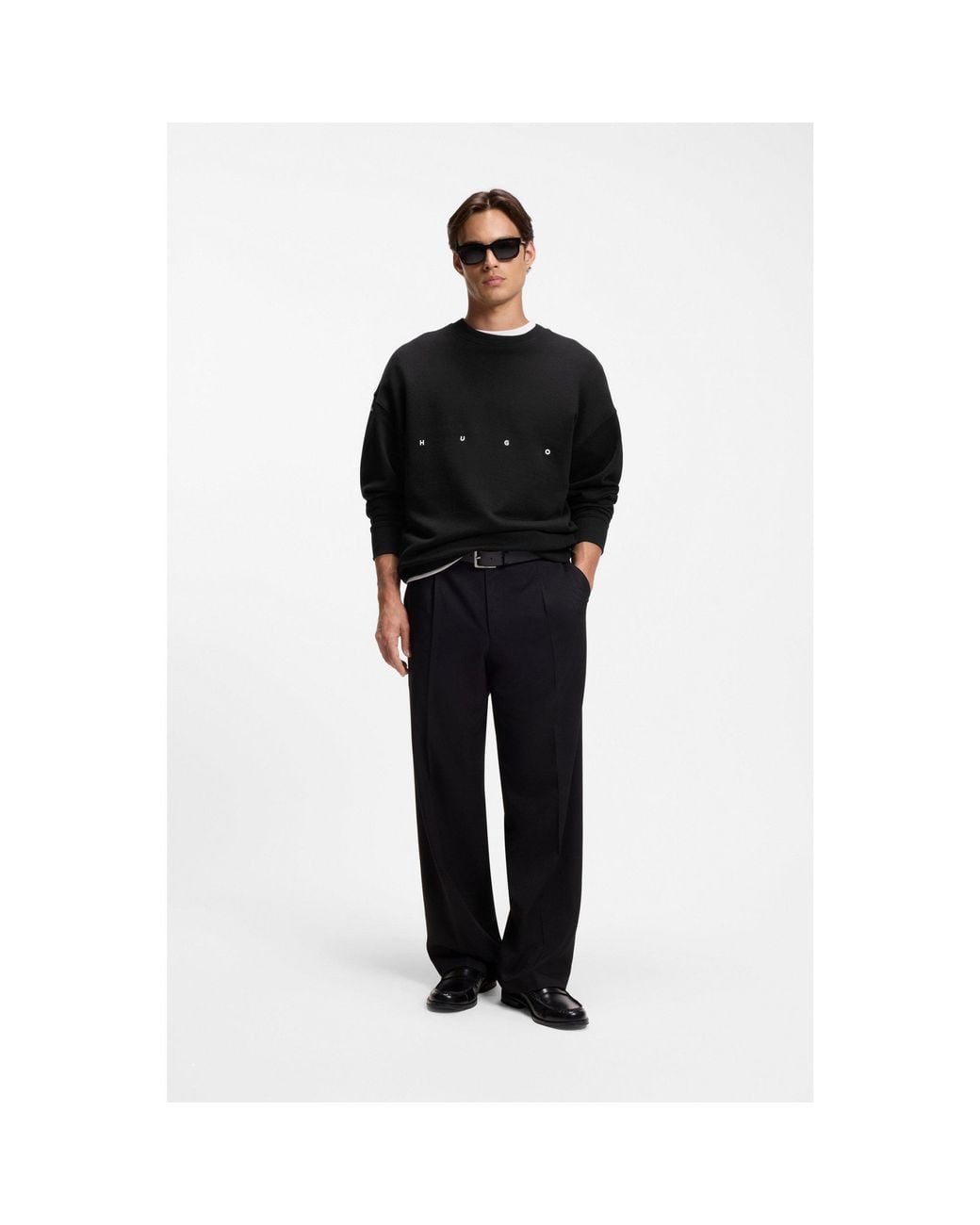 HUGO Black Cotton Sweatshirt With Logo Embroidery And Graphic Print for men