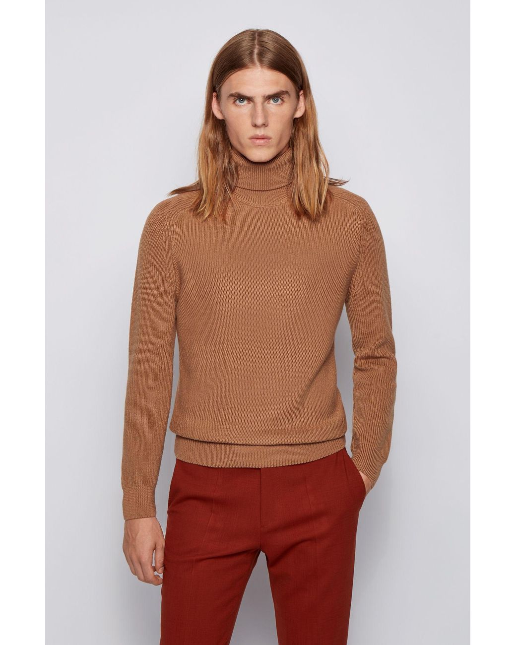 BOSS by Hugo Boss Rollneck Sweater In A Structured Wool Blend in Beige
